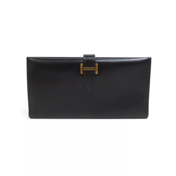 HERMES Bearn Classic Bifold Long Wallet Black/Gold Box calf leather - Picture 1 of 11